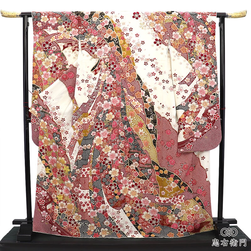 振袖 成人式 前撮り 単品 正絹 白 赤 黒 桜 雪輪 伝統文様 部分絞り