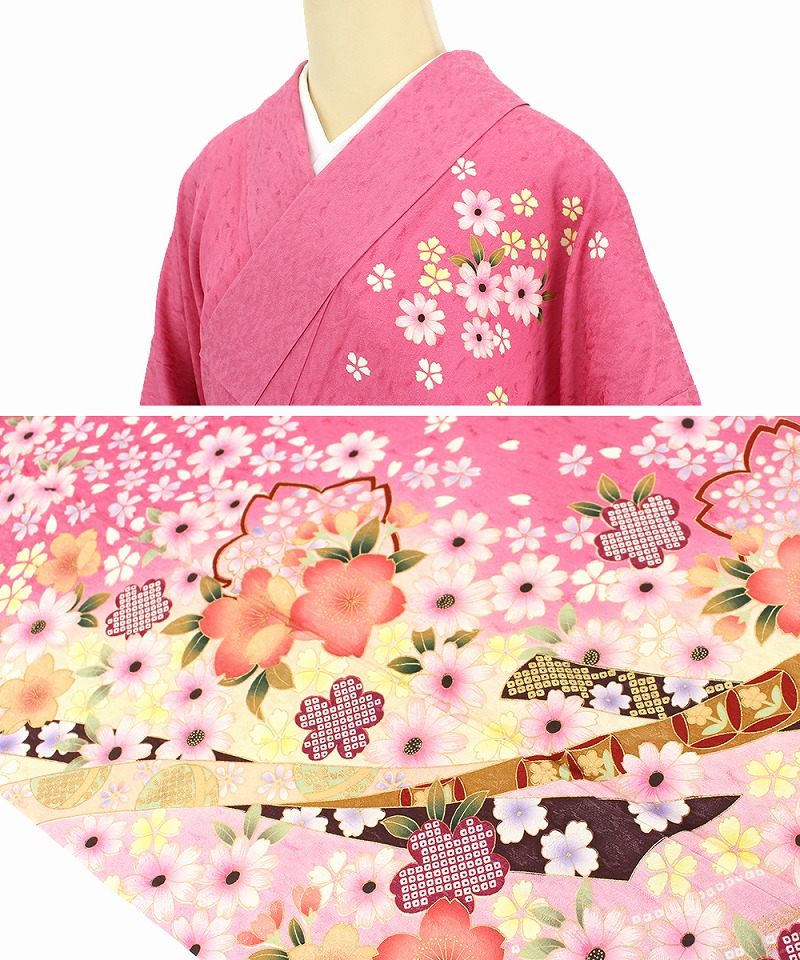 【50%OFF|えびす講セール|期間限定】【中古】 振袖 リサイクル 着物 成人式 結婚式 卒業式 舞台 販売 レディース フォーマル 正絹 ピンク 熨斗 花柄 桜 裄丈68.5cm 忠右衛門 送料無料 即日発送 中古着物 リサイクル着物