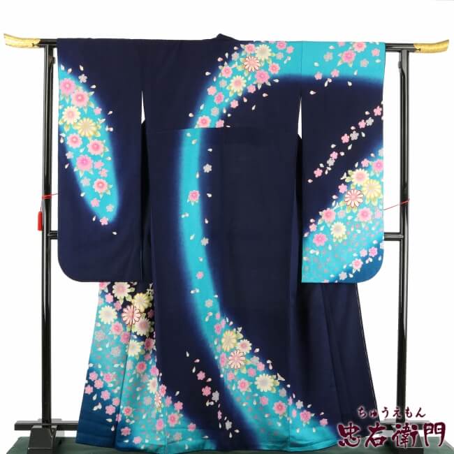 【50%OFF|えびす講セール|期間限定】【中古】 振袖 レディース フォーマル 正絹 長襦袢セット リサイクル 裄丈69.5cm 紺 水色 菊 桜 成人式 晴れ着 中古着物 リサイクル着物