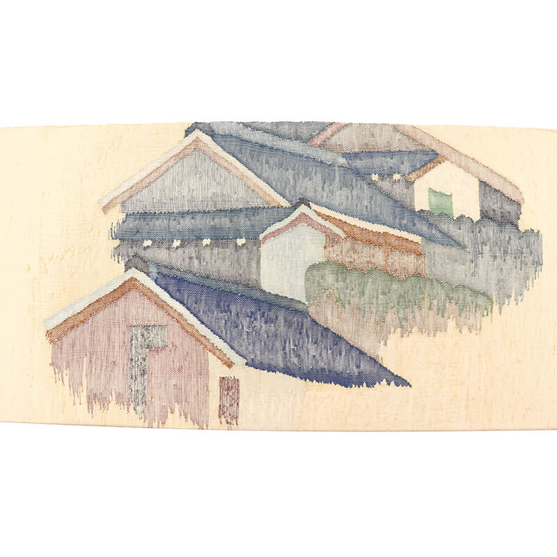 おしゃれ袋帯 袋帯 ふくろ帯 リサイクル レディース 正絹 ベージュ 風景柄 屋根 長さ439cm 幅30.5cm 仕立て上がり帯 リサイクル帯 送料無料 即日発送 【中古】