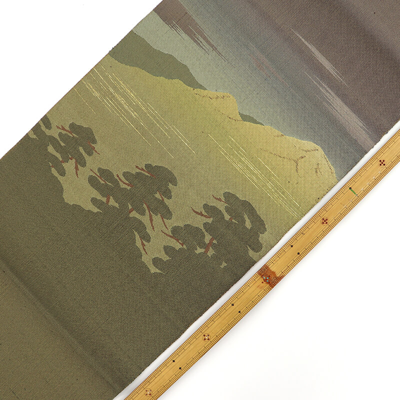 【20倍ポイント|歳末大還元祭】【中古】 おしゃれ袋帯 袋帯 ふくろ帯 リサイクル レディース 正絹 カーキ 遠山 風景柄 長さ440cm 幅31.5cm 仕立て上がり帯 リサイクル帯 送料無料 即日発送