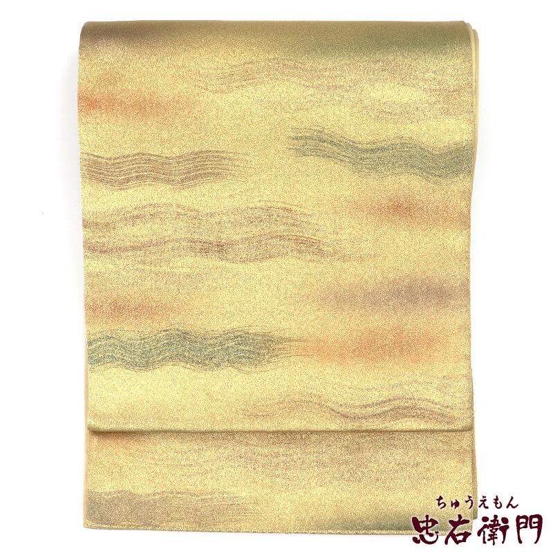 【中古】 袋帯 ふくろ帯 リサイクル レディース 正絹 金 シンプル ゆらぎ柄 長さ418cm 幅30.5cm 仕立て上がり帯 リサイクル帯 即日発送