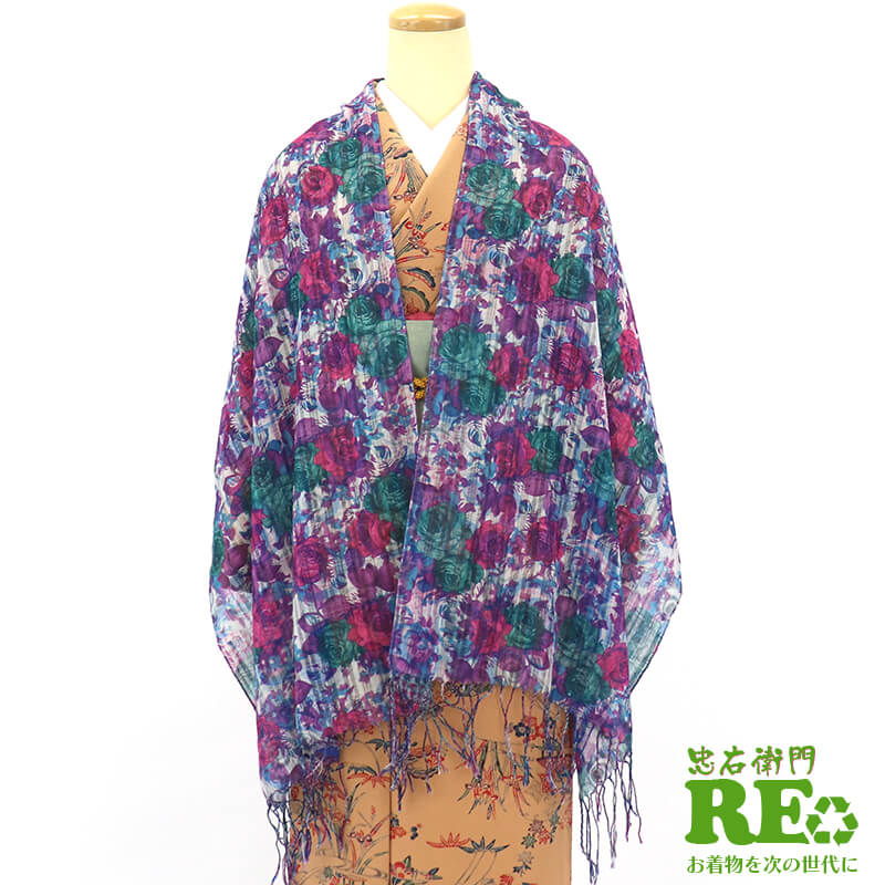 【中古】 ショール リサイクル レディース バラ柄 青 赤 緑 長さ176cm 幅50cm 和装小物 即日発送