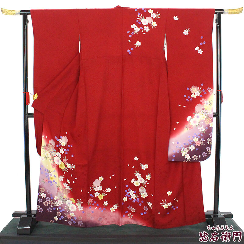 【50%OFF|えびす講セール|期間限定】【中古】 振袖 成人式 単品 リサイクル レディース 正絹 レッド 身丈167cm 裄丈68.5cm 仕立て上がり着物 フォーマル リサイクル着物 送料無料 即日発送