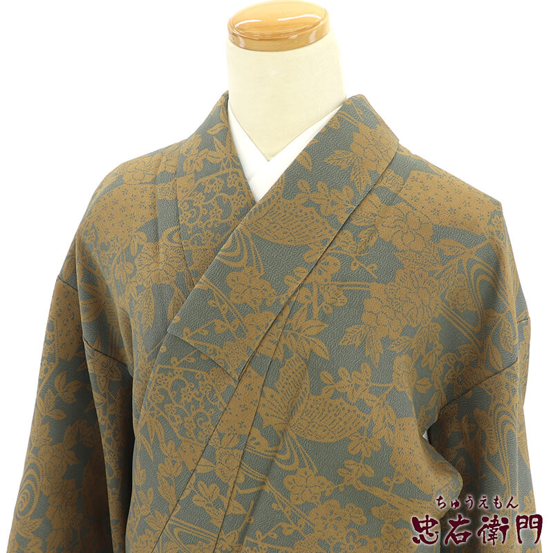 中古】 小紋 小紋着物 レディース 正絹 灰水色 黄薄茶 流水 蝶 縮緬