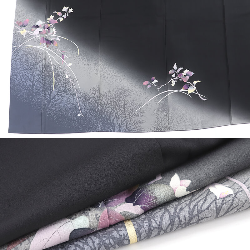 【中古】 付下げ 付け下げ レディース 正絹 黒 花 モダン 身丈160cm 裄丈67.5cm 仕立て上がり着物 パーティ 観劇 リサイクル着物 リサイクル