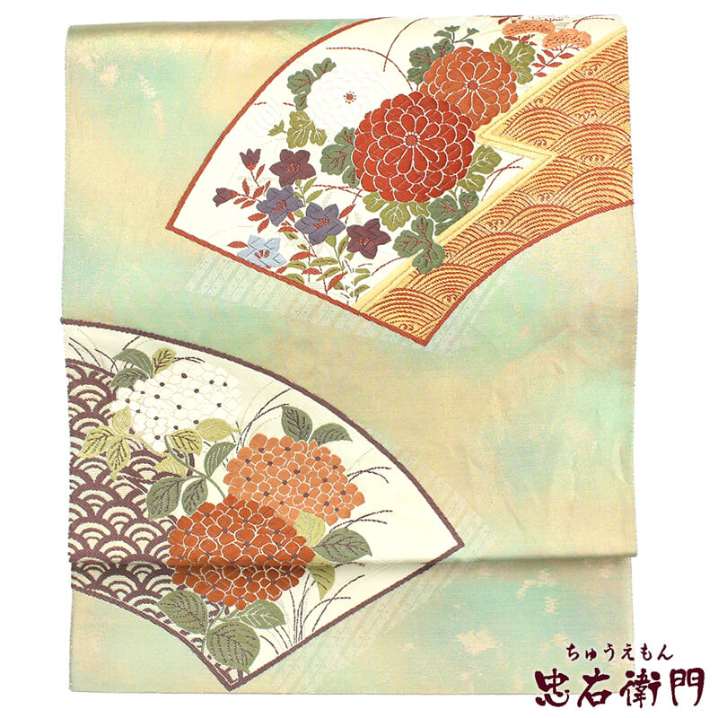 【50%OFF|えびす講セール|期間限定】【中古】 袋帯 リサイクル 正絹 仕立上がり 礼装 フォーマル レディース ゴールド グリーン 箔地 地紙文 長さ434cm あす楽対応