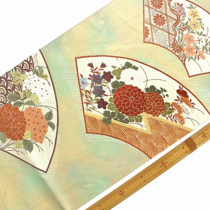 【50%OFF|えびす講セール|期間限定】【中古】 袋帯 リサイクル 正絹 仕立上がり 礼装 フォーマル レディース ゴールド グリーン 箔地 地紙文 長さ434cm あす楽対応