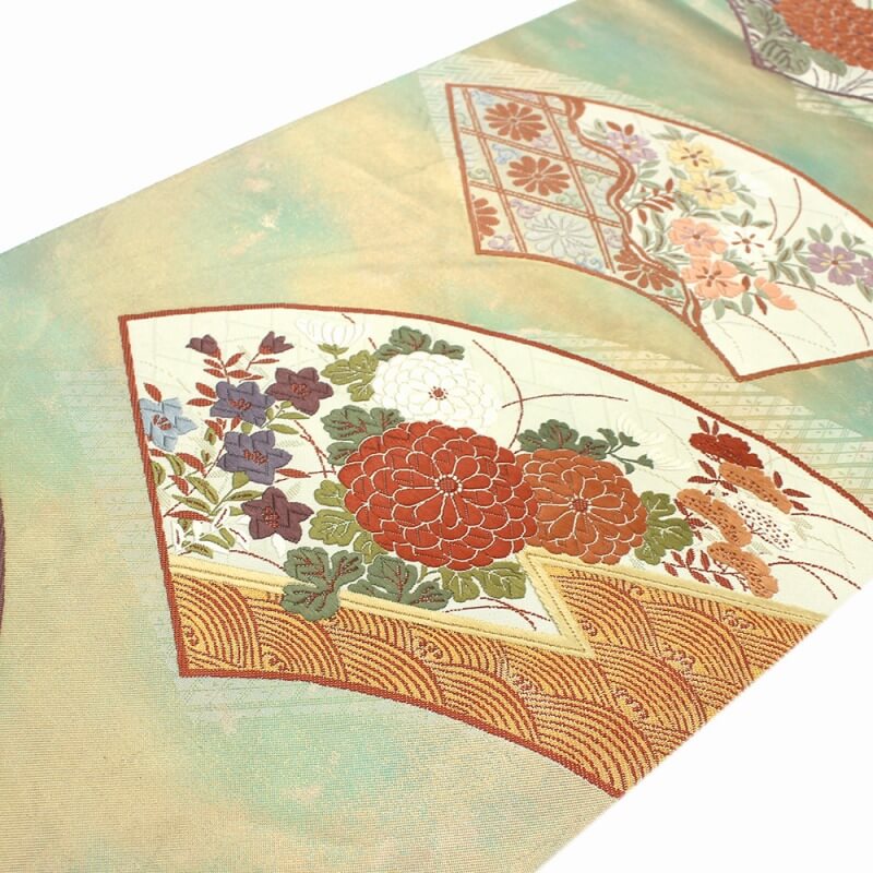 【50%OFF|えびす講セール|期間限定】【中古】 袋帯 リサイクル 正絹 仕立上がり 礼装 フォーマル レディース ゴールド グリーン 箔地 地紙文 長さ434cm あす楽対応