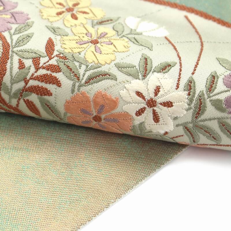 【50%OFF|えびす講セール|期間限定】【中古】 袋帯 リサイクル 正絹 仕立上がり 礼装 フォーマル レディース ゴールド グリーン 箔地 地紙文 長さ434cm あす楽対応