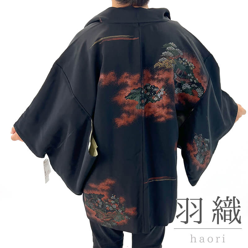 【価格見直し宣言】 リサイクル 羽織 黒羽織 レディース 正絹 黒 漆 雲取り 裄丈62cm 仕立て上がり羽織 衣装 リメイク アップサイクル向き 【中古】 即日発送