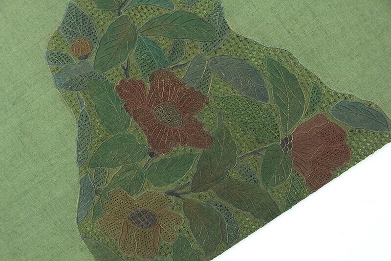 おしゃれ袋帯 洒落帯 リサイクル レディース 正絹 グリーン 汕頭刺繍 花 上品 長さ462cm 幅31cm 仕立て上がり帯 カジュアル リサイクル帯 【中古】