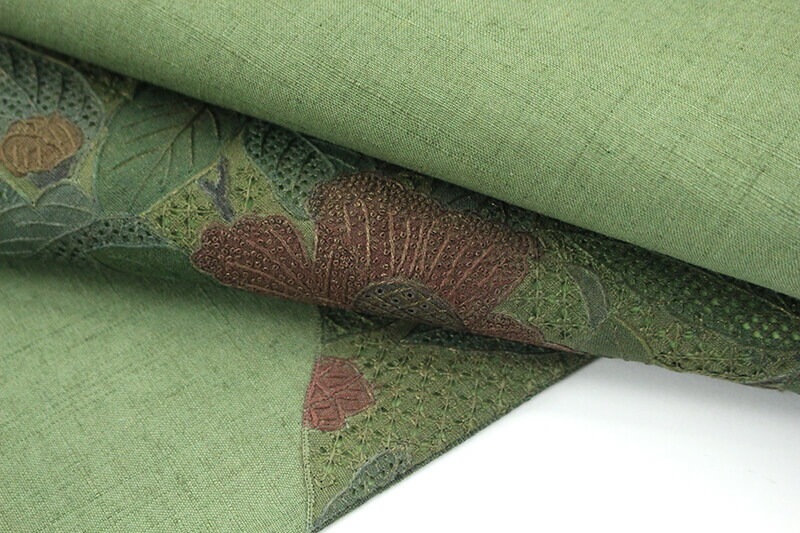 おしゃれ袋帯 洒落帯 リサイクル レディース 正絹 グリーン 汕頭刺繍 花 上品 長さ462cm 幅31cm 仕立て上がり帯 カジュアル リサイクル帯 【中古】