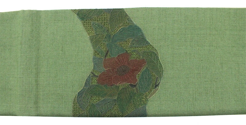 おしゃれ袋帯 洒落帯 リサイクル レディース 正絹 グリーン 汕頭刺繍 花 上品 長さ462cm 幅31cm 仕立て上がり帯 カジュアル リサイクル帯 【中古】