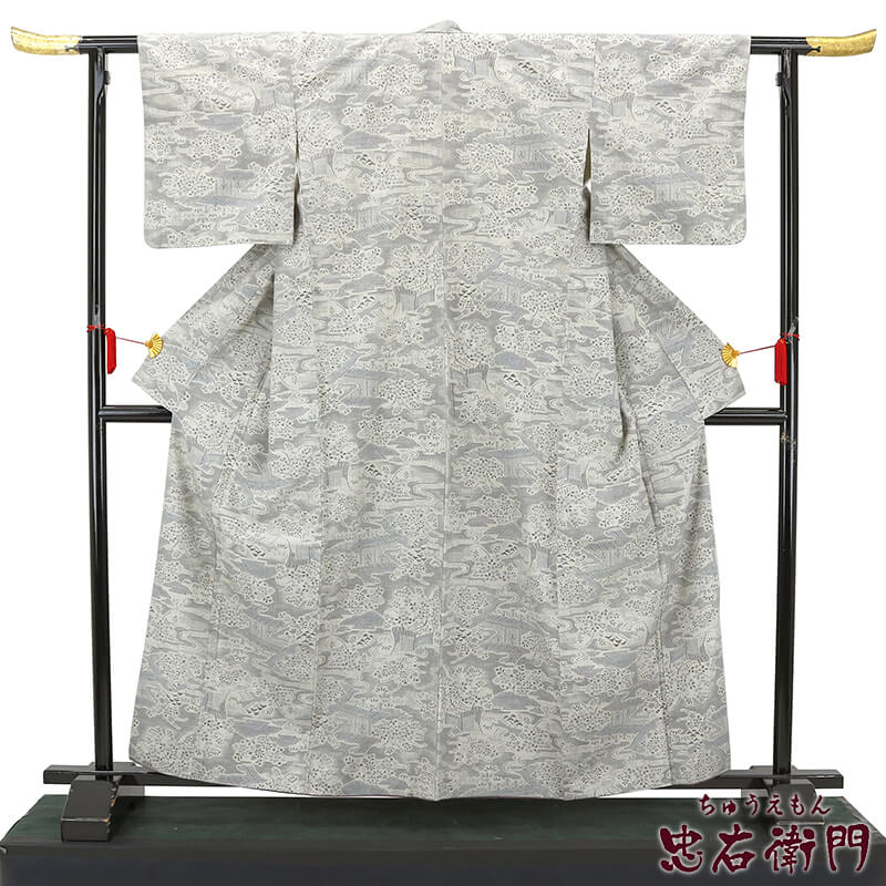 【50%OFF|えびす講セール|期間限定】【中古】 忠右衛門 本場結城紬 リサイクル カジュアル 着物 正絹 レディース 袷 人間国宝 田中林次 グレー 風景 裄丈64cm 送料無料 あす楽対応