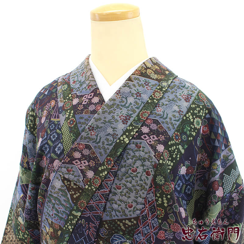 【20倍ポイント|歳末大還元祭】【中古】 小紋 レディース 正絹 パープル グリーン おしゃれ 身丈160cm 裄丈65.5cm 仕立て上がり着物 カジュアル リユース着物 リサイクル着物 10時までのご注文で即日発送