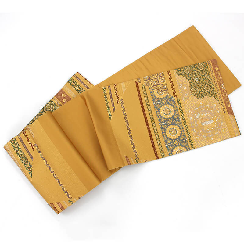 中古】 袋帯 リサイクル レディース 正絹 金ベージュ 金 緑 長さ415cm  