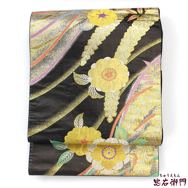 【50%OFF|えびす講セール|期間限定】【中古】 袋帯 振袖用 リサイクル レディース 正絹 ブラック ゴールド 辻が花風 長さ423cm 幅30.5cm 仕立て上がり帯 フォーマル 振り袖用 リサイクル帯 あす楽対応