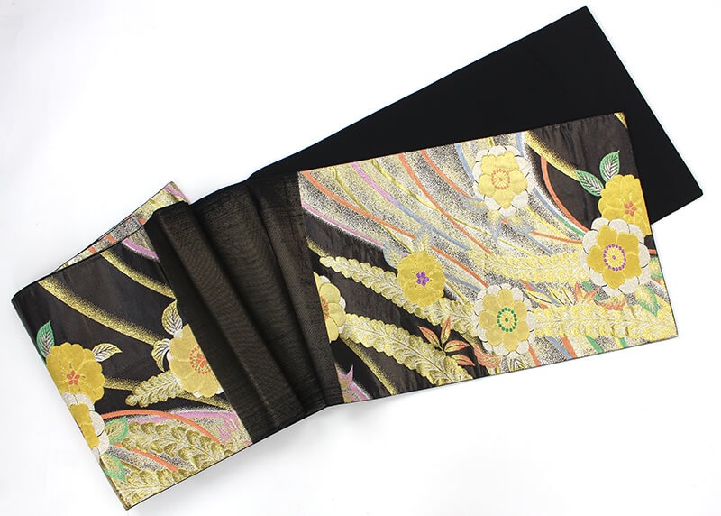 【50%OFF|えびす講セール|期間限定】【中古】 袋帯 振袖用 リサイクル レディース 正絹 ブラック ゴールド 辻が花風 長さ423cm 幅30.5cm 仕立て上がり帯 フォーマル 振り袖用 リサイクル帯 あす楽対応