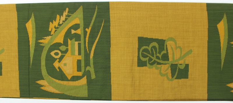 【20倍ポイント|歳末大還元祭】【中古】 おしゃれ袋帯 リサイクル 正絹 仕立上がり カジュアル レディース 洒落帯 イエロー グリーン 市松 風景柄 長さ432cm あす楽対応