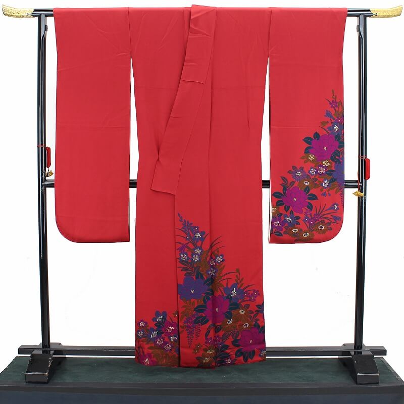 【50%OFF|えびす講セール|期間限定】【中古】 【販売】 振袖 中古 リサイクル 正絹 レディース 成人式 レッド 身丈161cm 裄丈67.5cm モダン柄 花柄 仕立て上がり着物 振り袖 送料無料 即日発送 中古着物 リサイクル着物