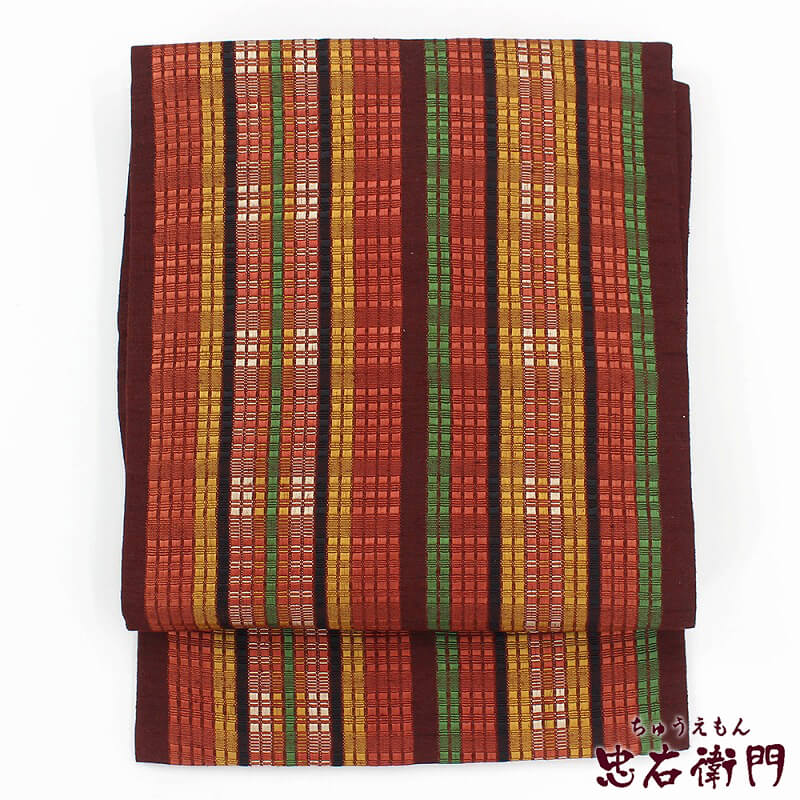 【50%OFF|えびす講セール|期間限定】【中古】 名古屋帯 九寸名古屋帯 リサイクル レディース 正絹 朱 臙脂 芥子 縞 長さ352cm 幅30cm 仕立て上がり帯 街着 リサイクル帯 即日発送