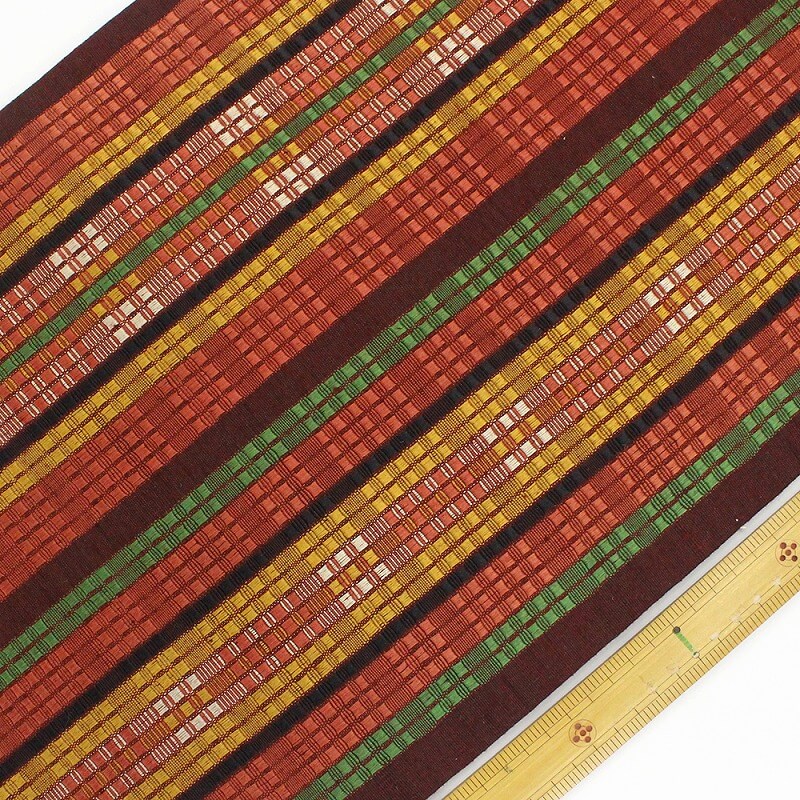 【50%OFF|えびす講セール|期間限定】【中古】 名古屋帯 九寸名古屋帯 リサイクル レディース 正絹 朱 臙脂 芥子 縞 長さ352cm 幅30cm 仕立て上がり帯 街着 リサイクル帯 即日発送