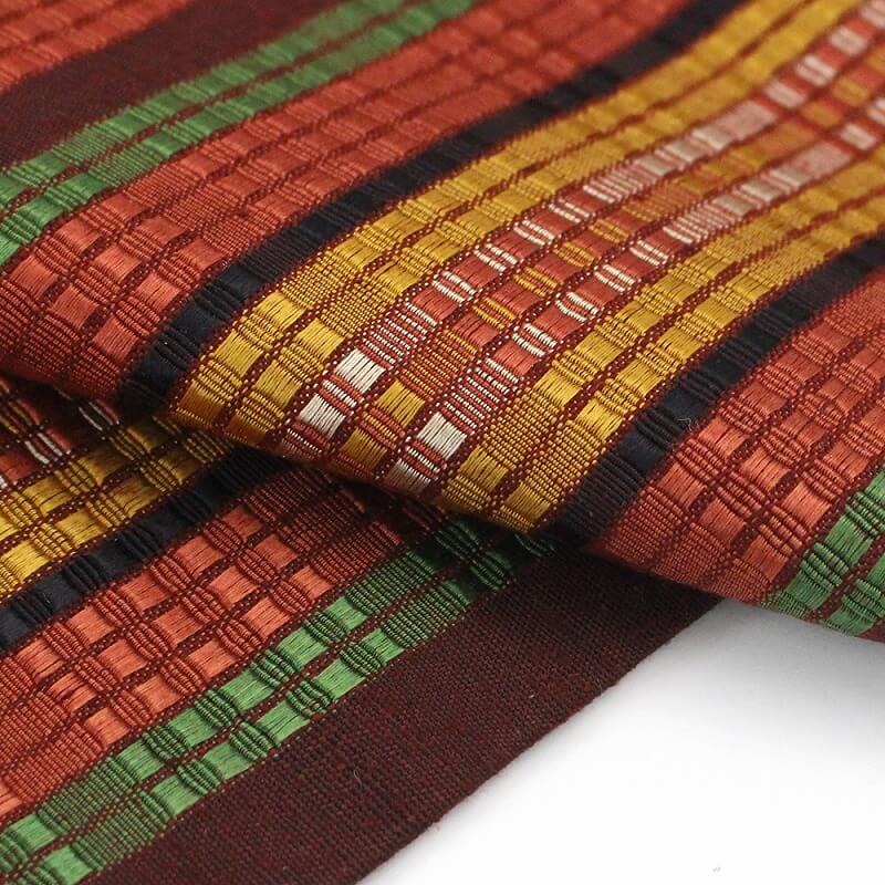 【50%OFF|えびす講セール|期間限定】【中古】 名古屋帯 九寸名古屋帯 リサイクル レディース 正絹 朱 臙脂 芥子 縞 長さ352cm 幅30cm 仕立て上がり帯 街着 リサイクル帯 即日発送