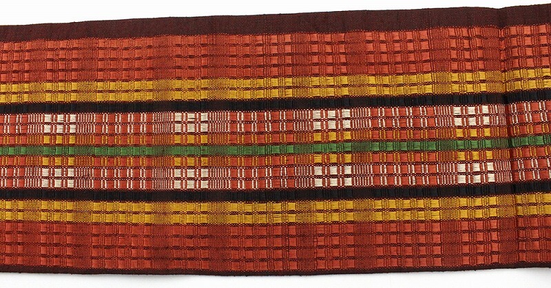 【50%OFF|えびす講セール|期間限定】【中古】 名古屋帯 九寸名古屋帯 リサイクル レディース 正絹 朱 臙脂 芥子 縞 長さ352cm 幅30cm 仕立て上がり帯 街着 リサイクル帯 即日発送