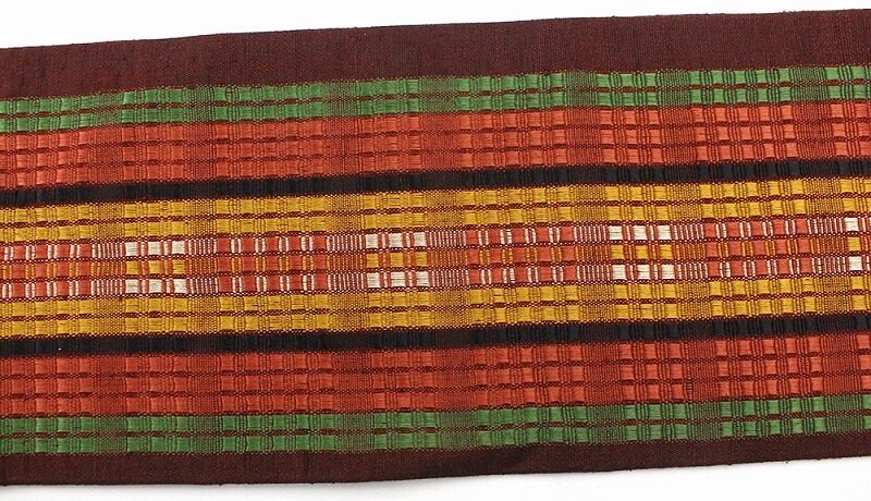 【50%OFF|えびす講セール|期間限定】【中古】 名古屋帯 九寸名古屋帯 リサイクル レディース 正絹 朱 臙脂 芥子 縞 長さ352cm 幅30cm 仕立て上がり帯 街着 リサイクル帯 即日発送