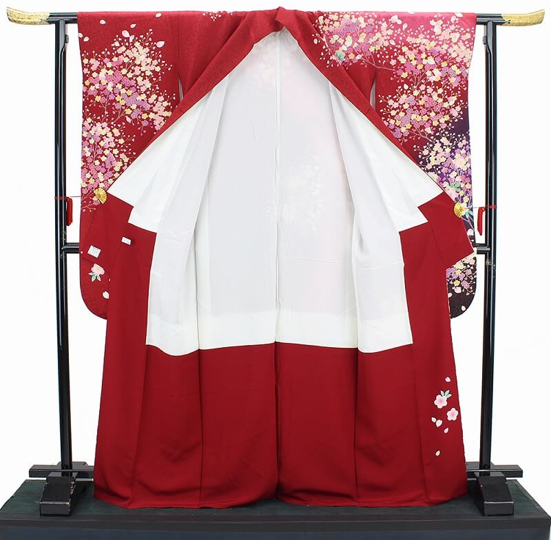 【50%OFF|えびす講セール|期間限定】【中古】【販売】 振袖 リサイクル 成人式 正絹 レッド 花柄 桜 仕立て上がり着物 振り袖 身丈171cm 裄丈66.5cm 美品 送料無料 即日発送 中古着物 リサイクル着物