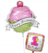カップケーキのファーストバースデー【1才の誕生日のバルーン電報・女の子】|1才の誕生日を祝うバルーン電報・バルーンギフト