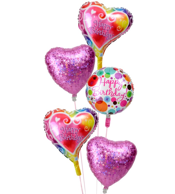 ピンクハートと華やかドットの5連バルーン誕生日ブーケ 誕生日のバルーン電報 バルーン電報のユーバルーン