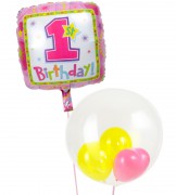 ぷちハート＆スマイルのファーストバースデー【1才の誕生日のバルーン電報・女の子】|1才の誕生日を祝うバルーン電報・バルーンギフト