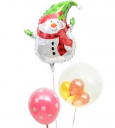 スノーマンとピンク＆ゴールドのぷちバルーン、ピンクドット【クリスマスのバルーン電報】|クリスマスのバルーンギフト・バルーン装飾