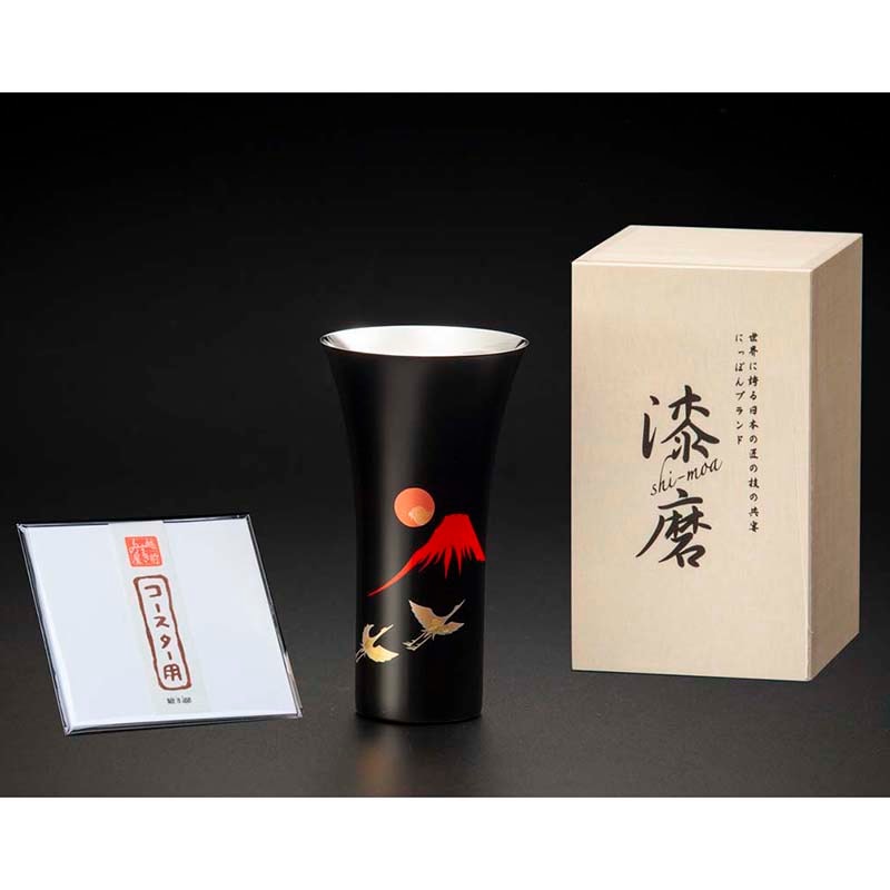 漆磨カップ ビア 赤富士に鶴