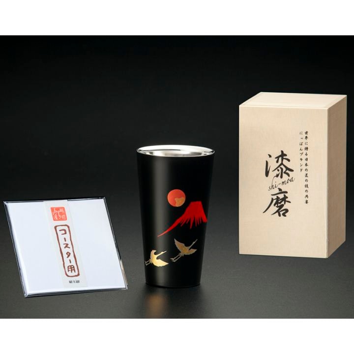 漆磨カップ 二重構造 ストレート 赤富士に鶴