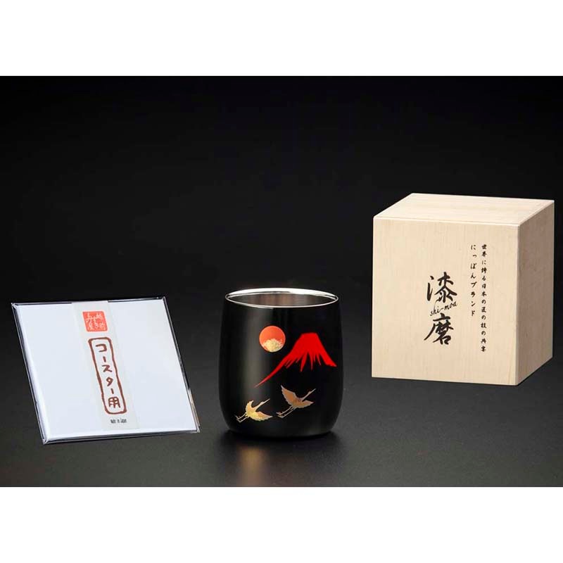 漆磨カップ 二重構造 ダルマ 赤富士に鶴