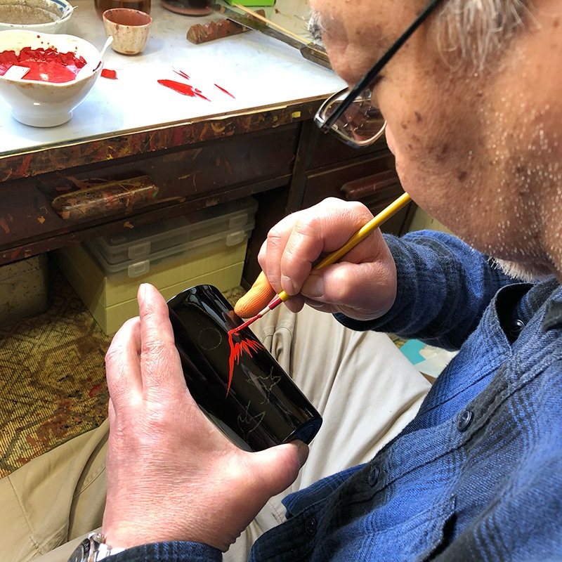 漆磨カップ 二重構造 ぐい呑 赤富士に鶴