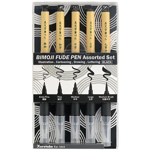 【美文字筆ぺん全5種類セット】 呉竹 BIMOJI FUDE PEN Assorted set 5本セット 美文字筆ペン アソートセット 5本セット XT/5V2 筆ペン 極細 細字 中字 太字 毛筆中字 【様々な作品に使いやすい】