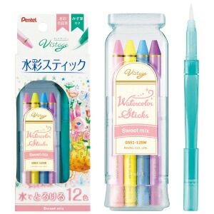 ぺんてるヴィスタージュ水彩スティック12色セットスイートミックス水筆