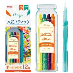 ぺんてるヴィスタージュ水彩スティック12色セットカクテルミックス水筆スリムタイプ付き