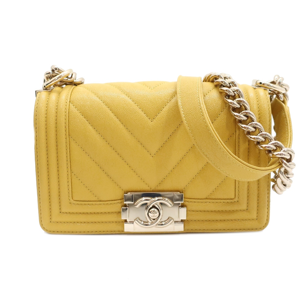 【天白】【還元セール】【CHANEL】シャネル Vステッチ チェーンショルダーバッグ ボーイシャネル イエロー レディ－ス【中古】