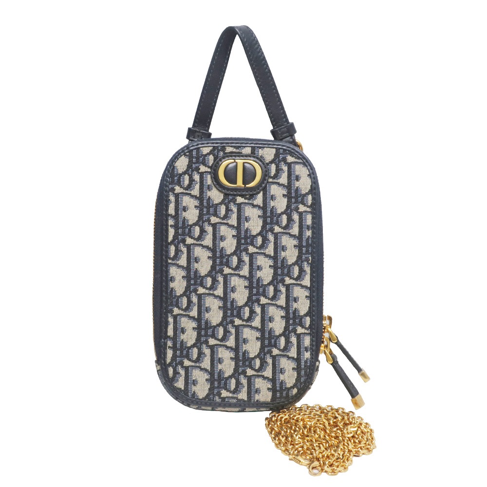Christian Dior クリスチャンディオール 30モンテーニュ フォンホルダー ショルダーバッグ チェーンバッグ ミニバッグ ネイビー オブリーク ジャカード ゴールド金具 Christian Dior - Christian Dior クリスチャンディオール 30