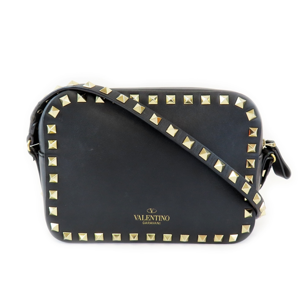 【天白】【セール】【VALENTINO】ヴァレンティノ ガラヴァーニ ショルダーバッグ ロックスタッズ レザー ブラック ゴールド金具 レディース 女性 鞄【中古】