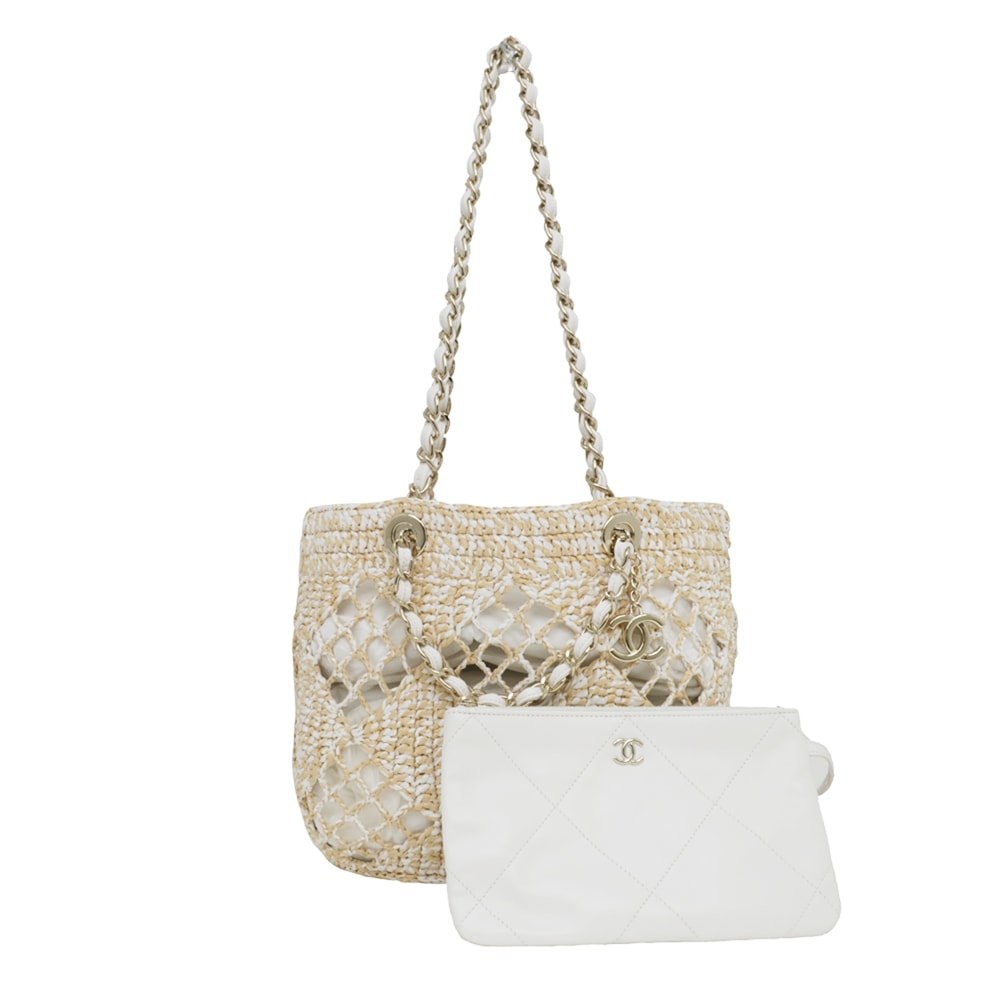 【名東】【CHANEL】シャネル スモールショッピングバッグ ラフィア トート 肩掛け GD金具 ホワイトXベージュ カゴ AS4714 レディース【新品】【未使用】【中古】
