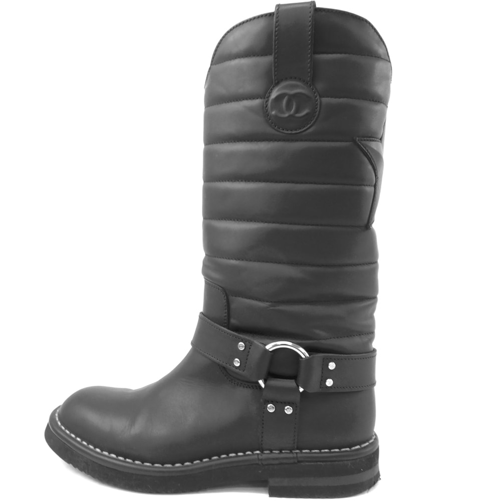 【天白】【セール】【CHANEL】シャネル キルティングエンジニアブーツ ブラック サイズ36表記 23.0cm相当 シルバー金具 スターモチーフ レディース 靴【中古】