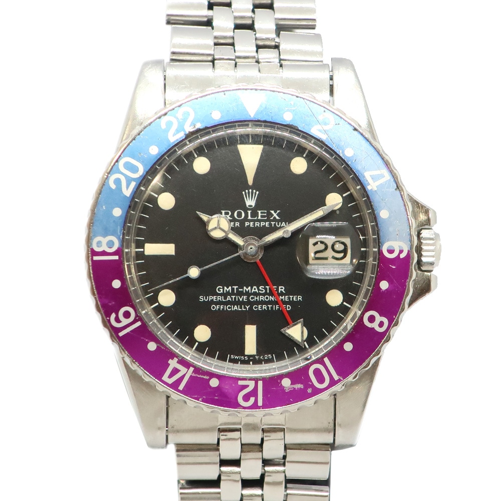 【天白】【ROLEX】ロレックス GMTマスター 1675 フクシア フチなし 紫 水色 ヴァイオレット SS 16番台 オールトリチウム ジュビリーブレス ヴィンテージ メンズ 腕時計【中古】