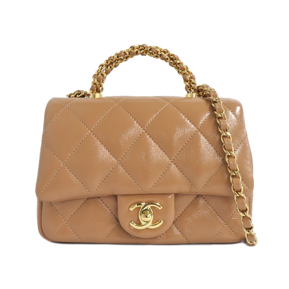 CHANEL ラムスキントートバッグ 茶色 チェーンショルダー