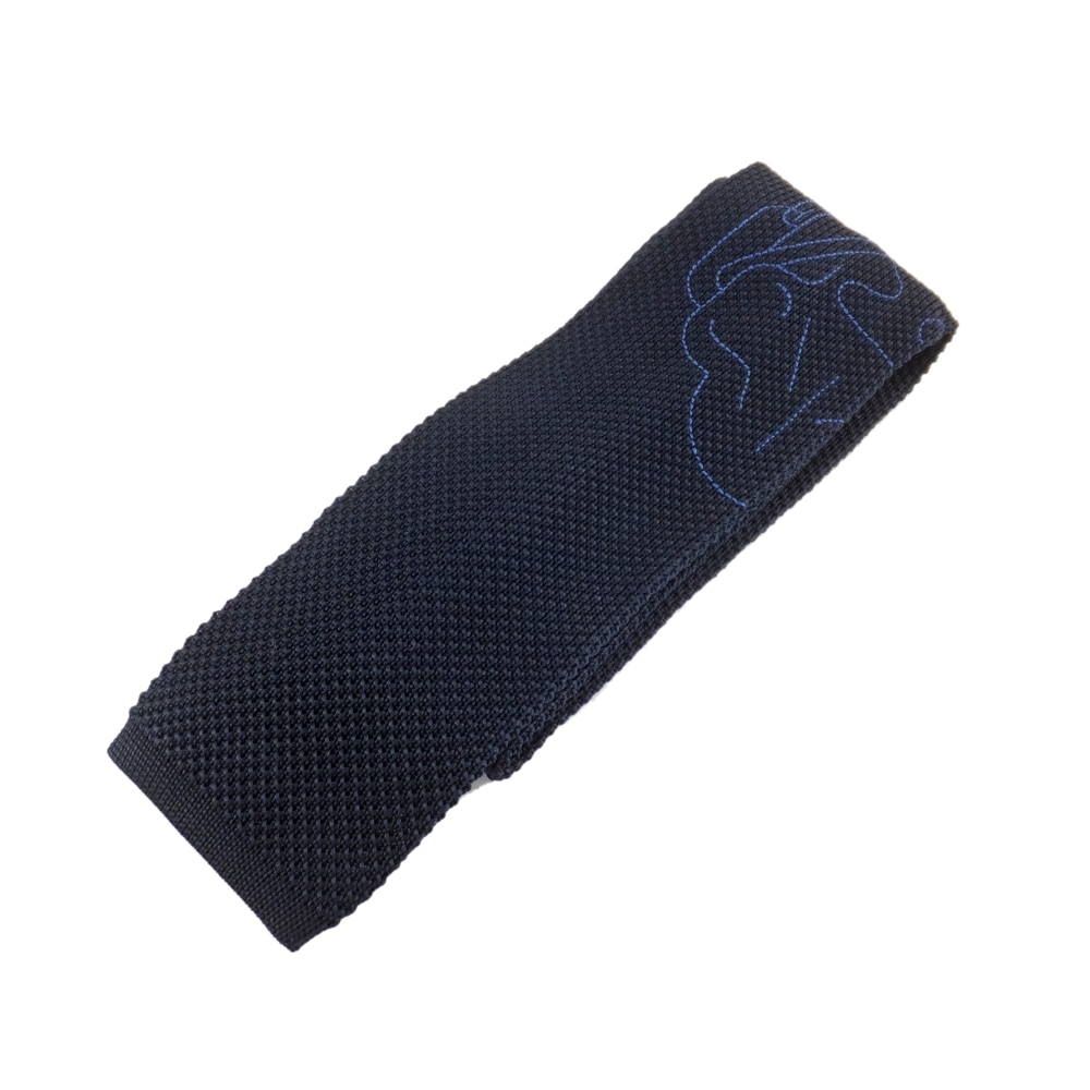 【天白】【HERMES】エルメス ネクタイ テット・ア・テット・エスケトル 刺繍入 ブルージーン シルク100％ 紺色系 メンズ ビジネス ファッション 服飾小物【中古】